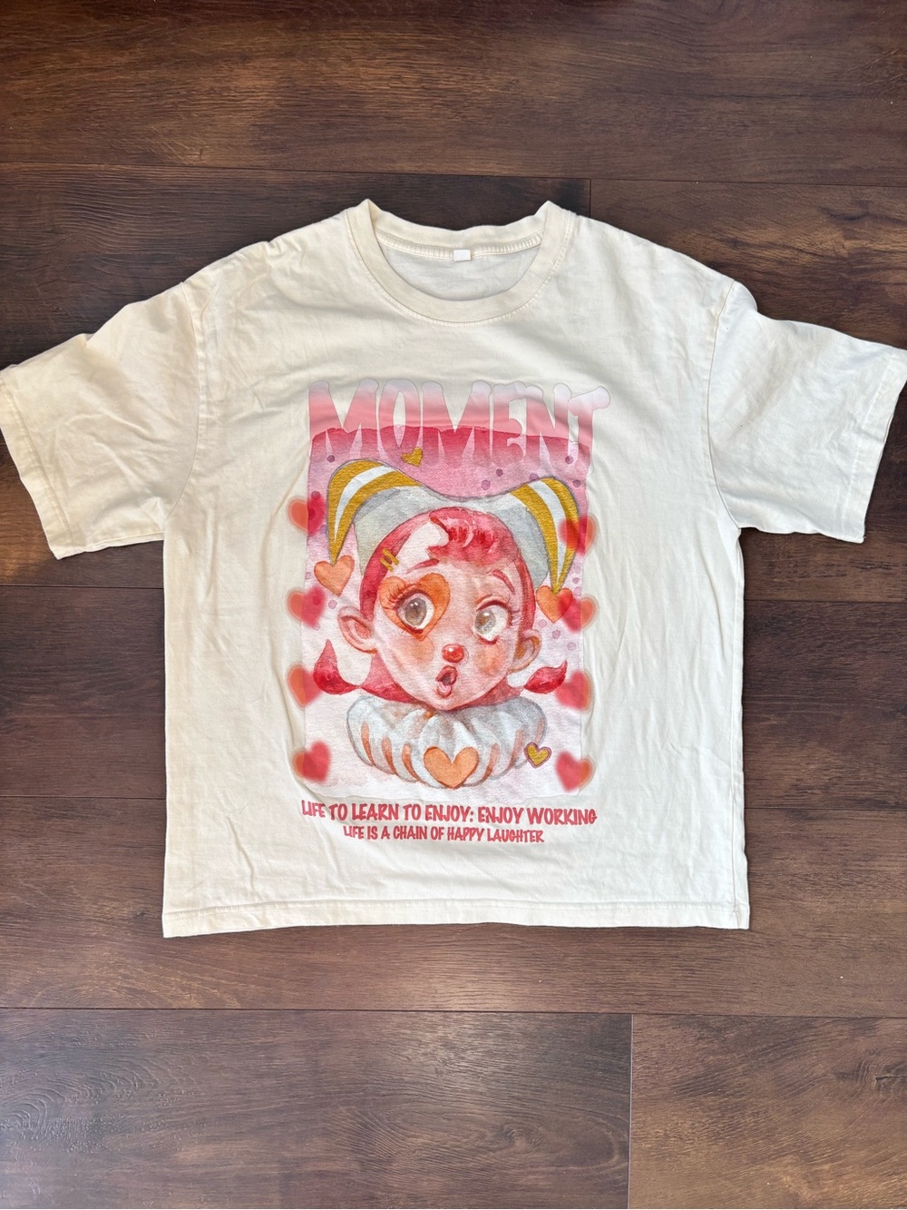 Women’s Large Cream Cartoon Graphic Oversized T-Shirt